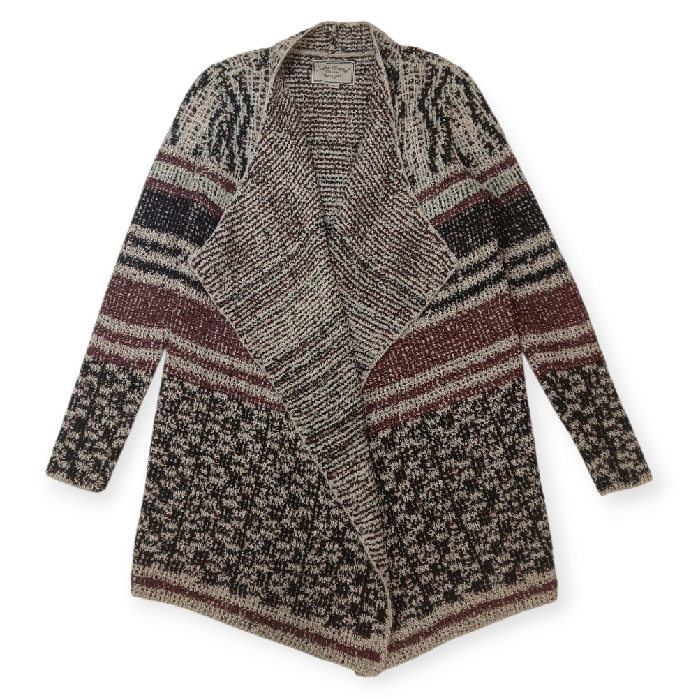 Lucky Brand Marled Open Draped Cardigan in Burgundy, Black & Cream - S - Picture 1 of 3